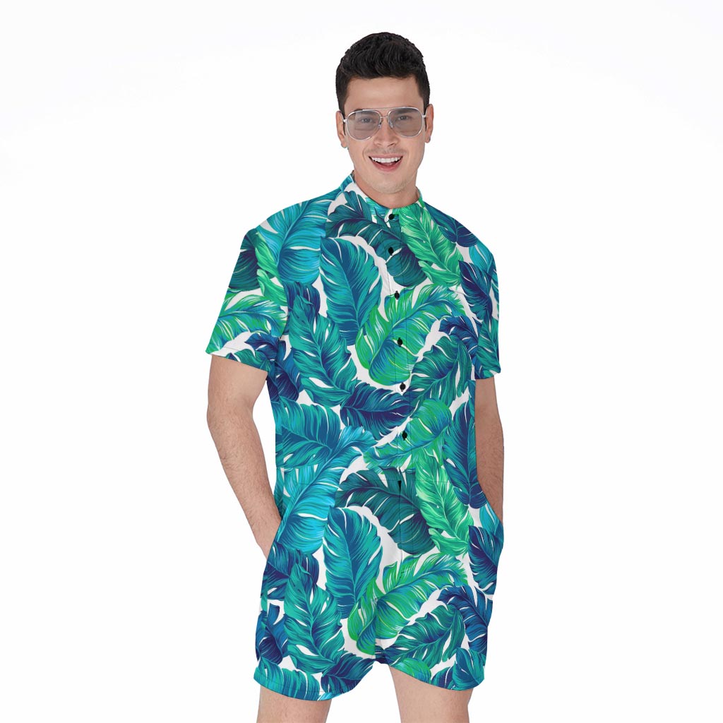 Teal Tropical Leaf Pattern Print Men's Rompers