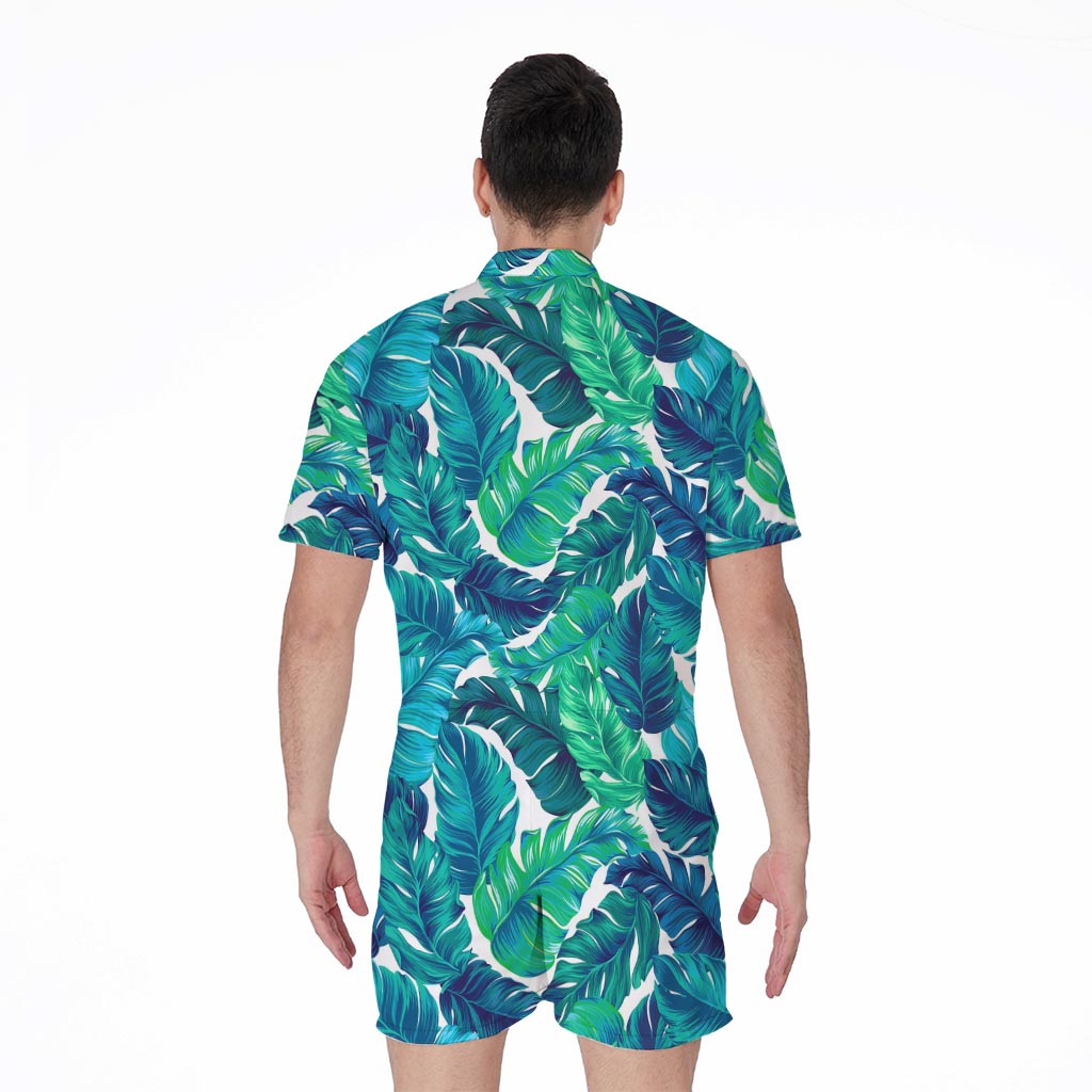 Teal Tropical Leaf Pattern Print Men's Rompers
