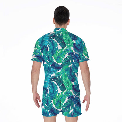 Teal Tropical Leaf Pattern Print Men's Rompers