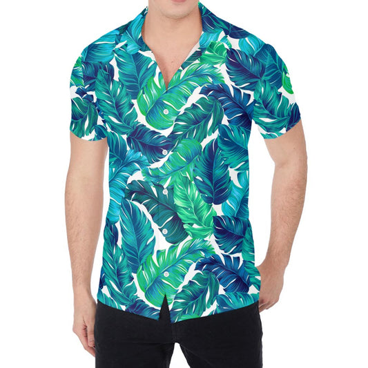 Teal Tropical Leaf Pattern Print Men's Shirt