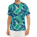 Teal Tropical Leaf Pattern Print Men's Short Sleeve Rash Guard
