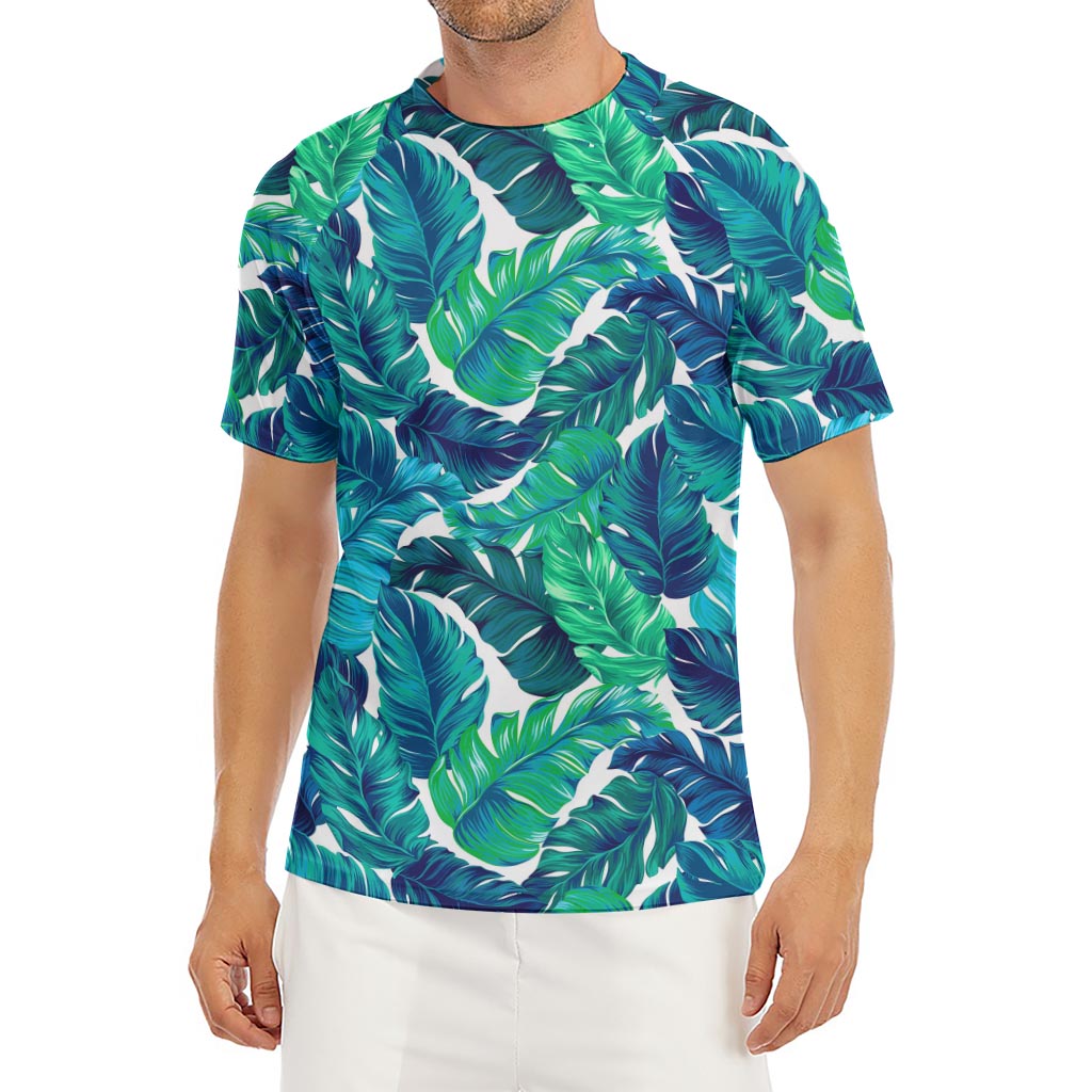 Teal Tropical Leaf Pattern Print Men's Short Sleeve Rash Guard