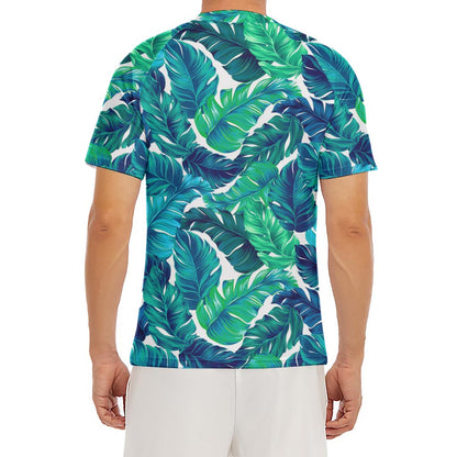 Teal Tropical Leaf Pattern Print Men's Short Sleeve Rash Guard