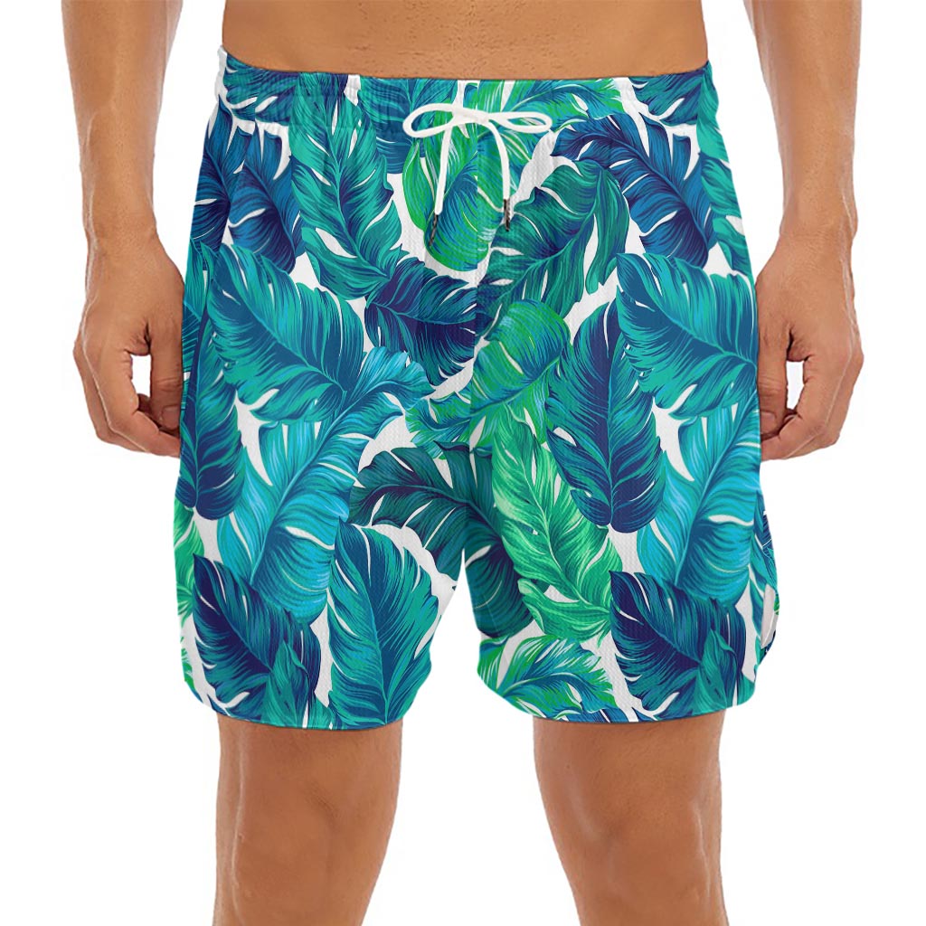 Teal Tropical Leaf Pattern Print Men's Split Running Shorts