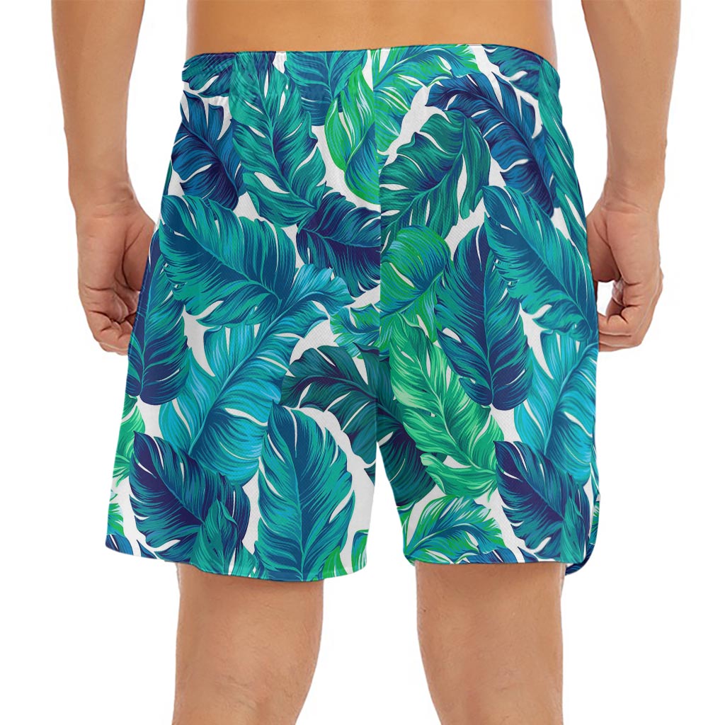 Teal Tropical Leaf Pattern Print Men's Split Running Shorts