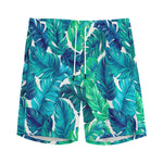 Teal Tropical Leaf Pattern Print Men's Sports Shorts