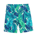 Teal Tropical Leaf Pattern Print Men's Sports Shorts
