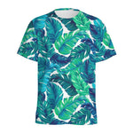 Teal Tropical Leaf Pattern Print Men's Sports T-Shirt