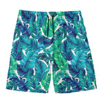 Teal Tropical Leaf Pattern Print Men's Swim Trunks