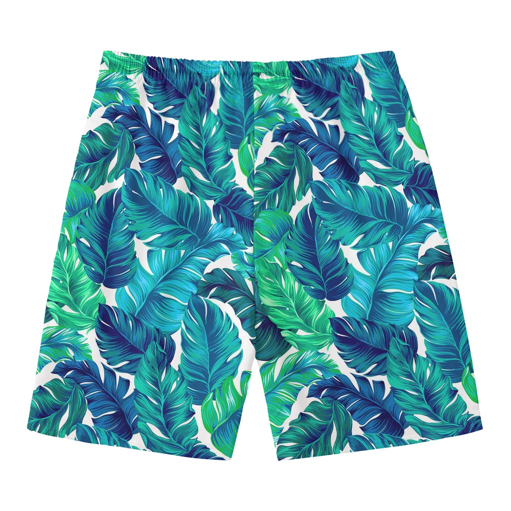 Teal Tropical Leaf Pattern Print Men's Swim Trunks
