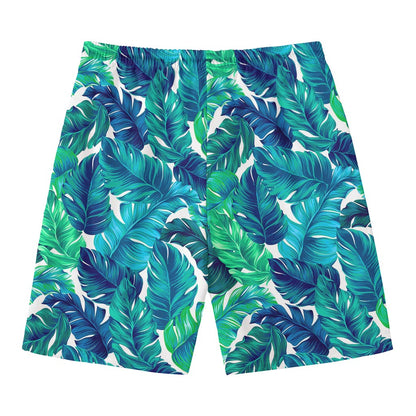 Teal Tropical Leaf Pattern Print Men's Swim Trunks