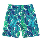 Teal Tropical Leaf Pattern Print Men's Swim Trunks