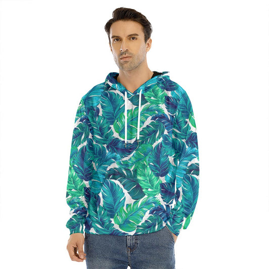 Teal Tropical Leaf Pattern Print Men's Velvet Pullover Hoodie