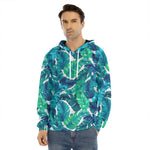 Teal Tropical Leaf Pattern Print Men's Velvet Pullover Hoodie