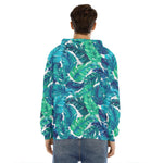 Teal Tropical Leaf Pattern Print Men's Velvet Pullover Hoodie