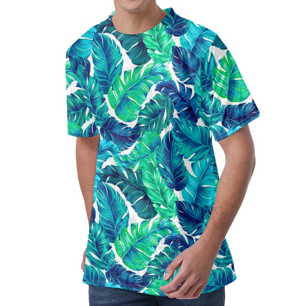 Teal Tropical Leaf Pattern Print Men's Velvet T-Shirt