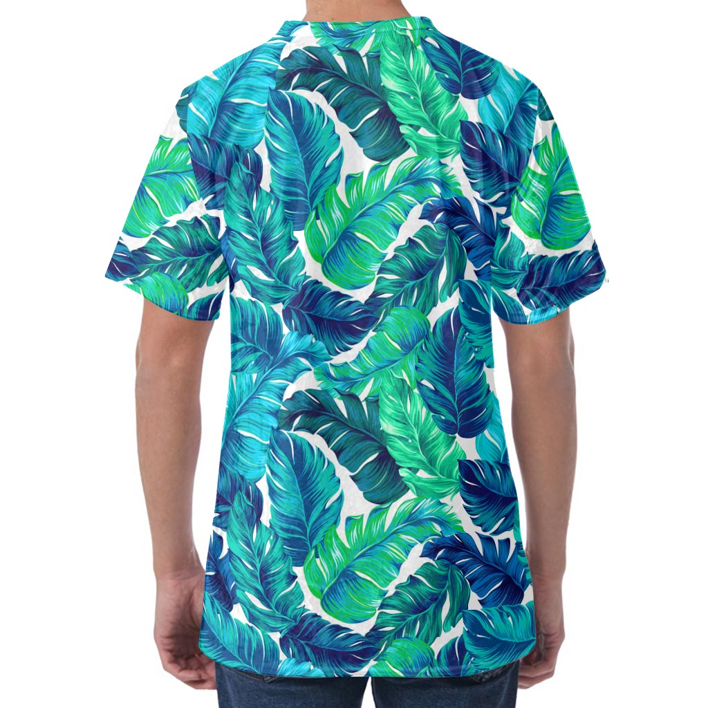 Teal Tropical Leaf Pattern Print Men's Velvet T-Shirt