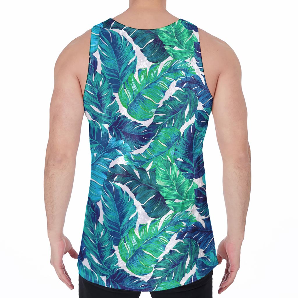 Teal Tropical Leaf Pattern Print Men's Velvet Tank Top