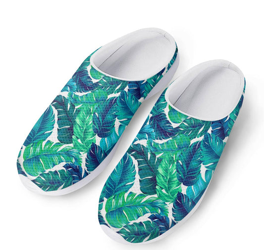 Teal Tropical Leaf Pattern Print Mesh Casual Shoes
