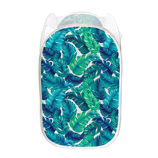 Teal Tropical Leaf Pattern Print Mesh Laundry Hamper