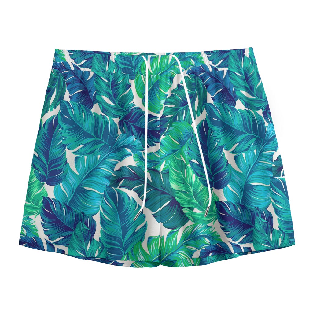 Teal Tropical Leaf Pattern Print Mesh Shorts