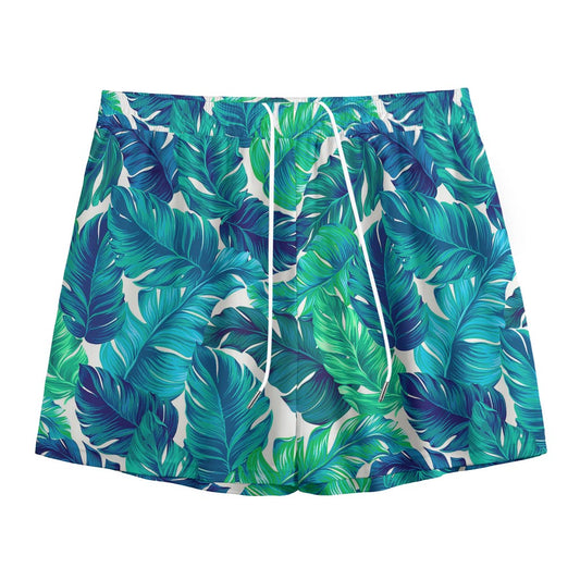 Teal Tropical Leaf Pattern Print Mesh Shorts