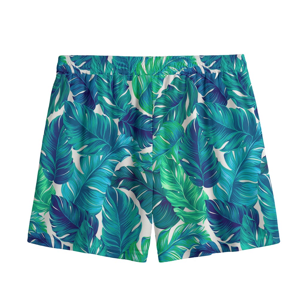 Teal Tropical Leaf Pattern Print Mesh Shorts
