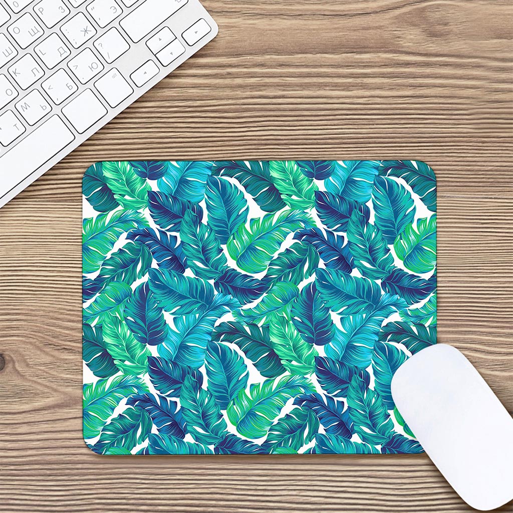 Teal Tropical Leaf Pattern Print Mouse Pad