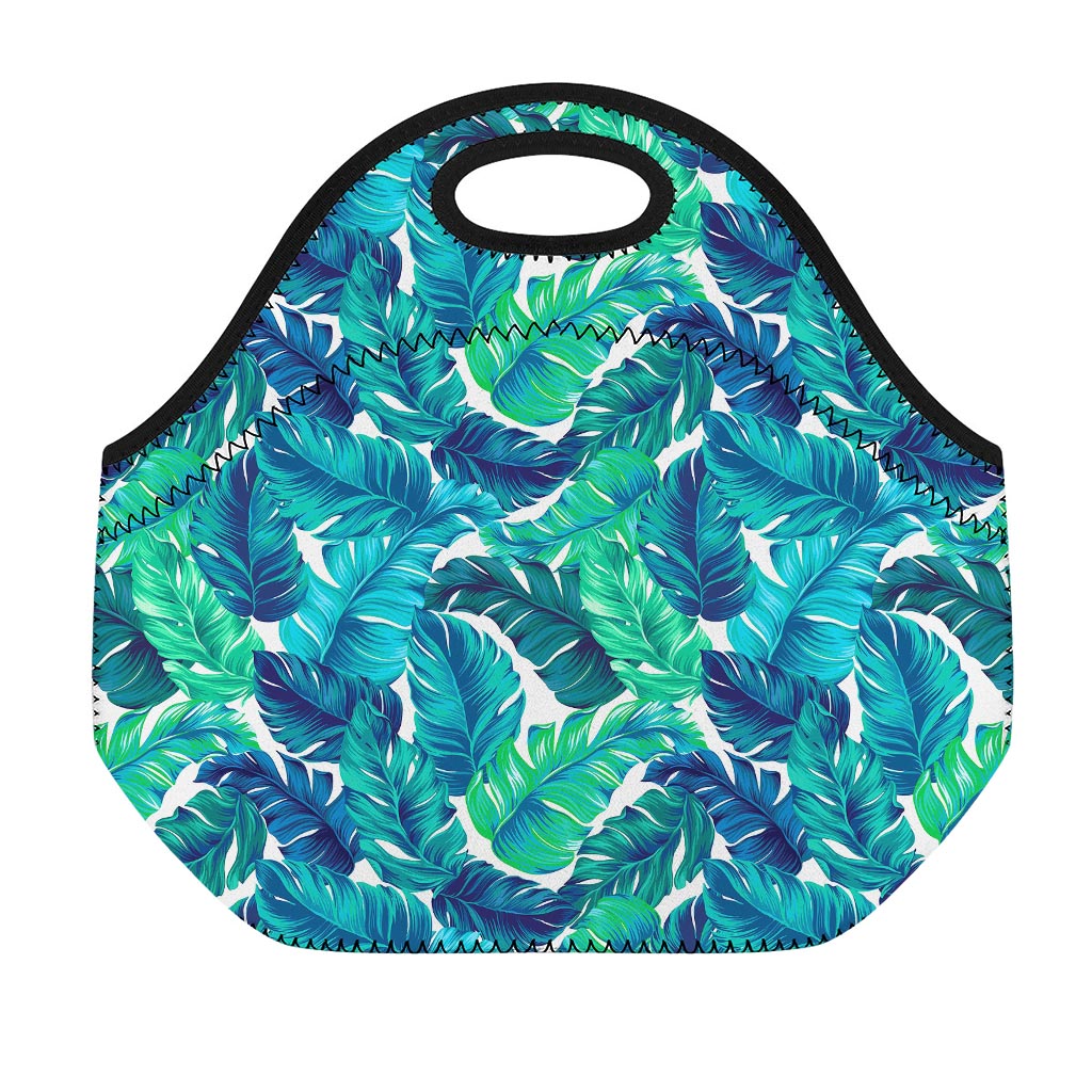 Teal Tropical Leaf Pattern Print Neoprene Lunch Bag