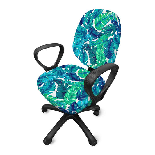 Teal Tropical Leaf Pattern Print Office Chair Cover