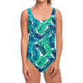 Teal Tropical Leaf Pattern Print One Piece Swimsuit
