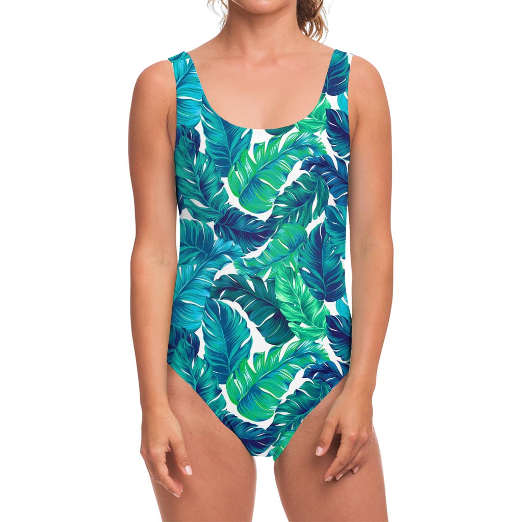 Teal Tropical Leaf Pattern Print One Piece Swimsuit