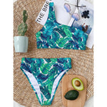 Teal Tropical Leaf Pattern Print One Shoulder Bikini Top