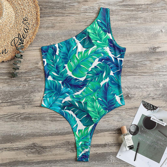 Teal Tropical Leaf Pattern Print One Shoulder Bodysuit