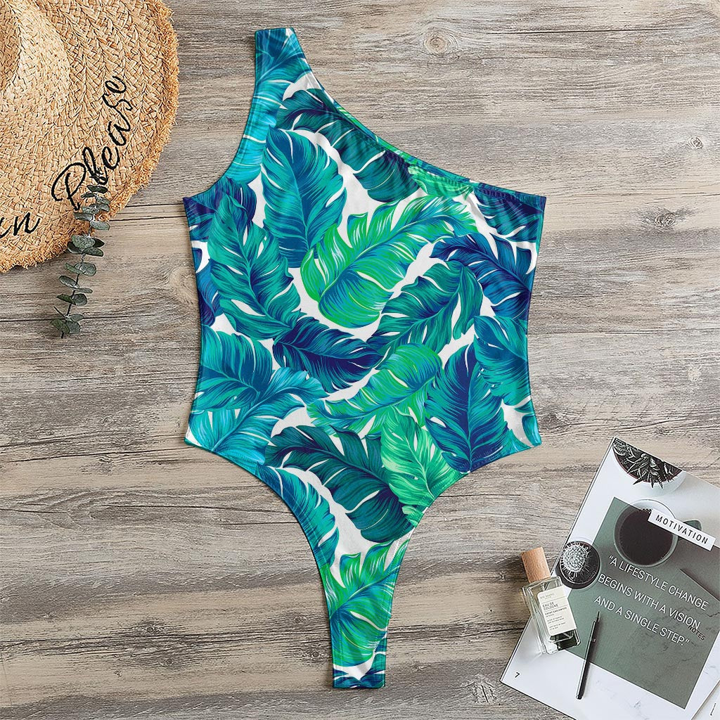 Teal Tropical Leaf Pattern Print One Shoulder Bodysuit