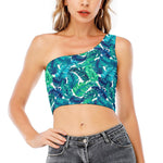 Teal Tropical Leaf Pattern Print One Shoulder Crop Top