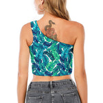 Teal Tropical Leaf Pattern Print One Shoulder Crop Top