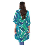 Teal Tropical Leaf Pattern Print Open Front Beach Cover Up