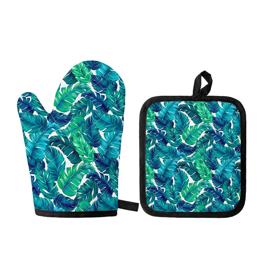 Teal Tropical Leaf Pattern Print Oven Mitt And Pot Holder Set
