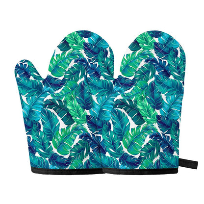 Teal Tropical Leaf Pattern Print Oven Mitts