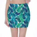 Teal Tropical Leaf Pattern Print Pencil Mini Skirt