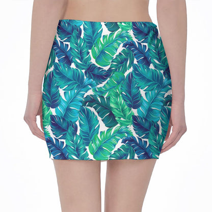 Teal Tropical Leaf Pattern Print Pencil Mini Skirt