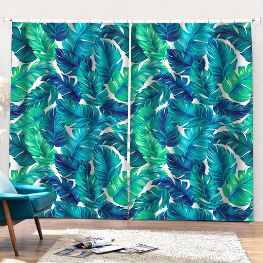 Teal Tropical Leaf Pattern Print Pencil Pleat Curtains