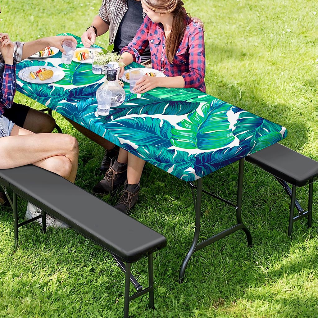 Teal Tropical Leaf Pattern Print Picnic Table Cover