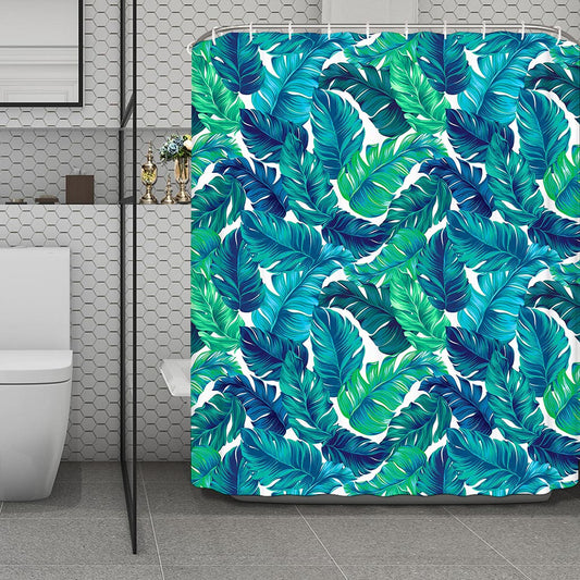 Teal Tropical Leaf Pattern Print Polyester Shower Curtain