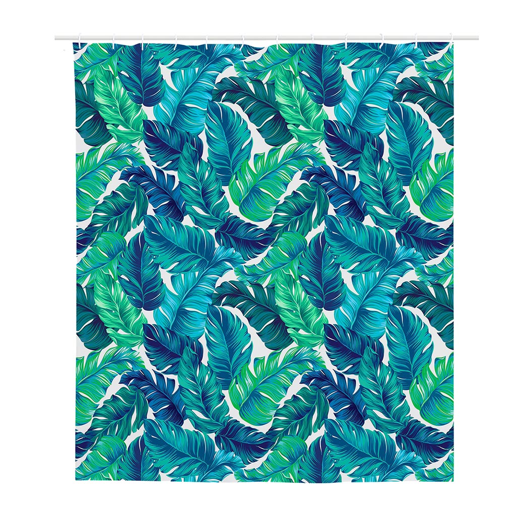 Teal Tropical Leaf Pattern Print Polyester Shower Curtain