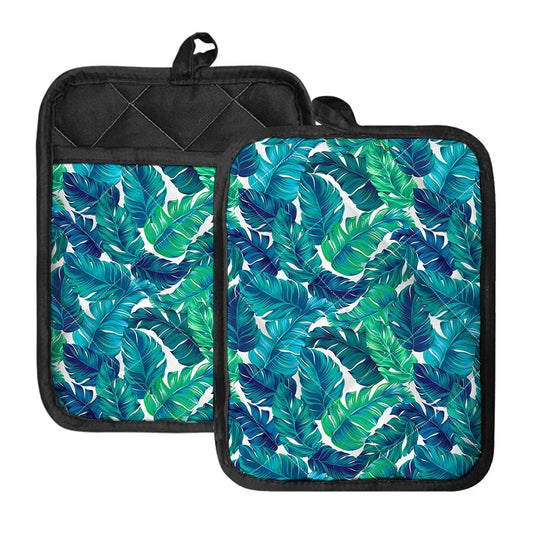 Teal Tropical Leaf Pattern Print Pot Holders With Pocket