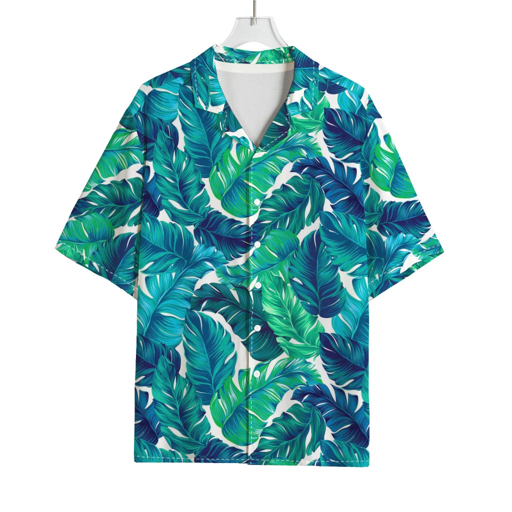 Teal Tropical Leaf Pattern Print Rayon Hawaiian Shirt