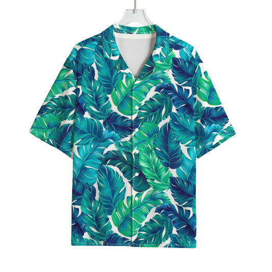 Teal Tropical Leaf Pattern Print Rayon Hawaiian Shirt