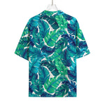 Teal Tropical Leaf Pattern Print Rayon Hawaiian Shirt